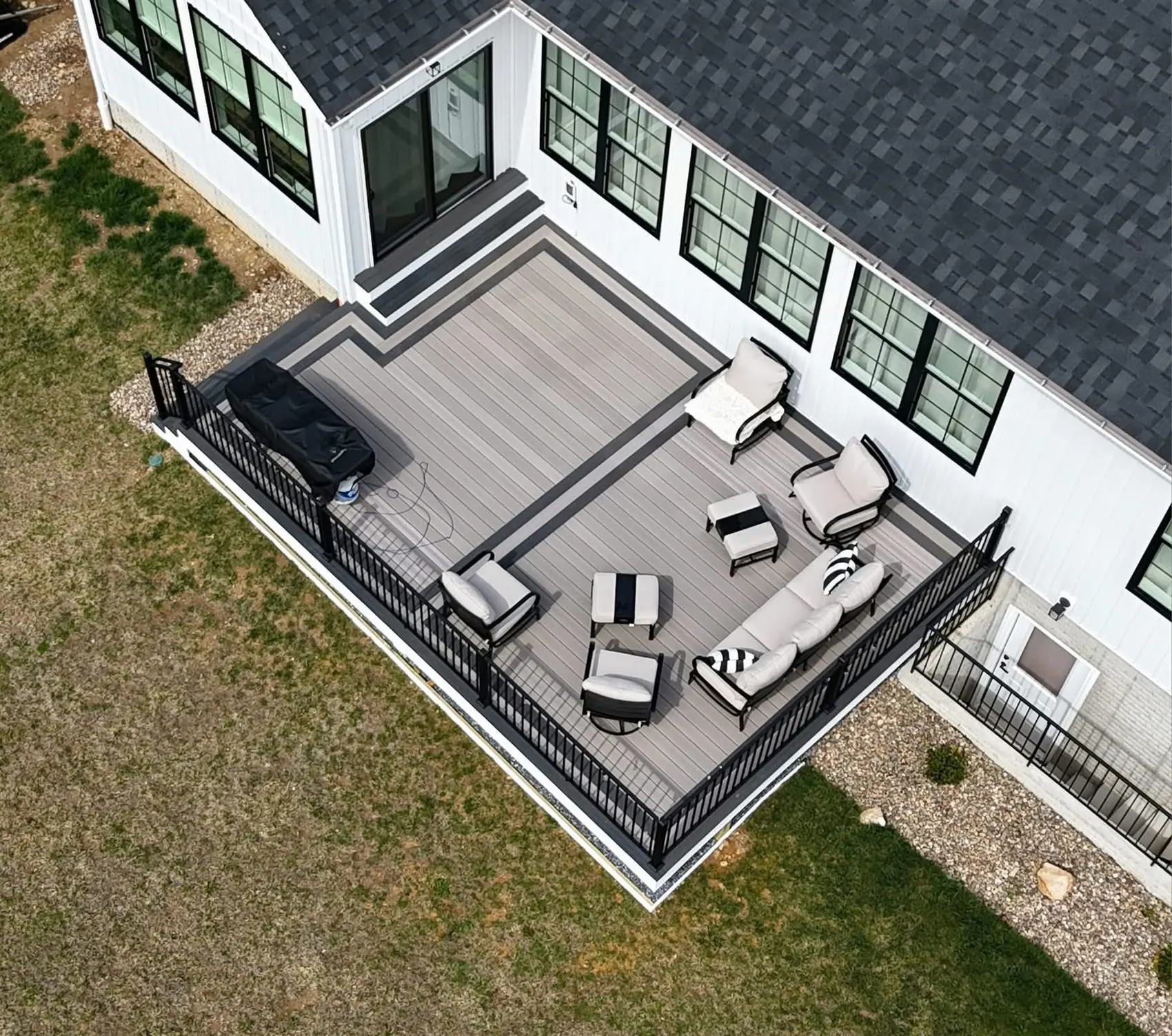 Aerial view of a composite deck with lounge furniture arranged on it